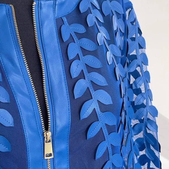 Colleen Lopez Vibrant Blue Sheer Faux Leather Jacket Women’s Sz S Leaf Details - Picture 3 of 13